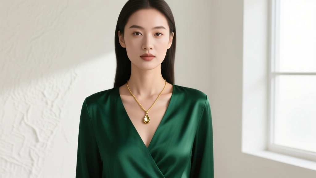 Elegant woman in deep v-neck silk blouse wearing a delicate 18-inch 14k gold Y-necklace with a small teardrop pendant.