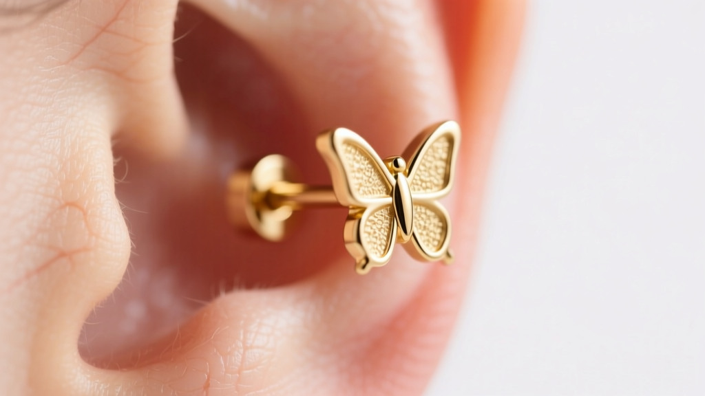 Macro view of a 20-gauge gold earring post with a butterfly back stuck tightly against an earlobe under bright clinical lighting