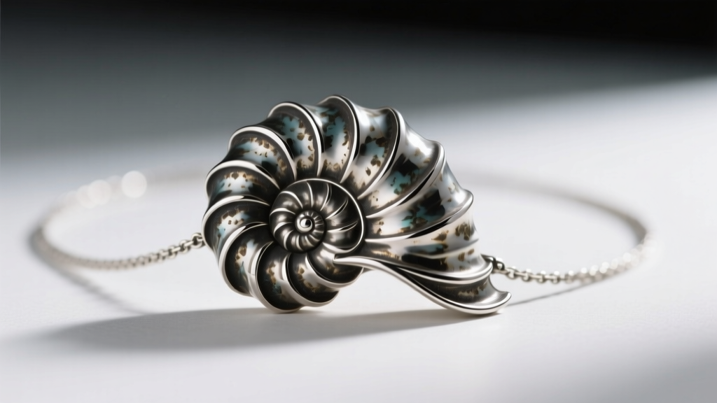 Side profile of an oxidized sterling silver nautilus necklace, emphasizing the darkened recesses and bright raised spiral edges.