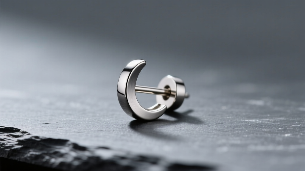 Macro photography of a minimalist 18-gauge titanium stud earring resting on a dark slate surface with soft directional lighting
