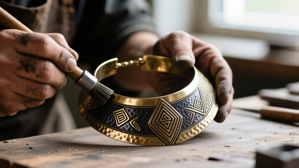 Artisan applying liver of sulfur to a brass tribal collar necklace, creating a dark antiqued finish on the textured metal surface.
