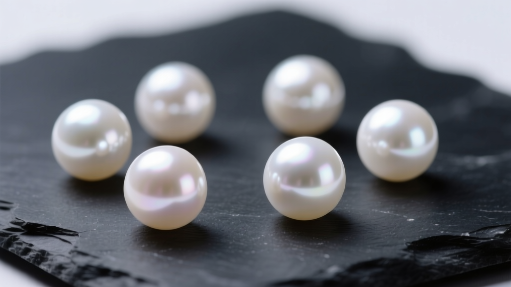 Macro shot of white Akoya pearls on dark slate, highlighting mirror-like luster and subtle rose overtones under soft studio lighting.