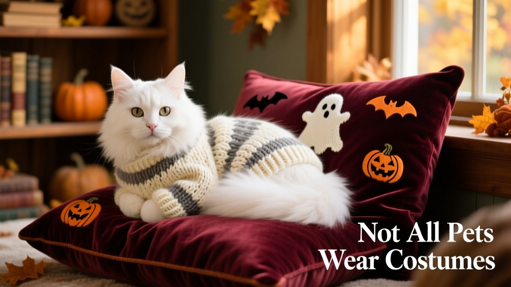 A fluffy white cat wearing a ghost-patterned Fair Isle sweater, curled up on a velvet Halloween pillow