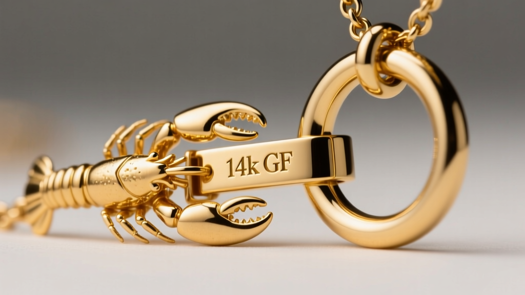 Macro shot of a gold-filled staple necklace lobster clasp showing the stamped 14k GF hallmark next to a polished brass jump ring.