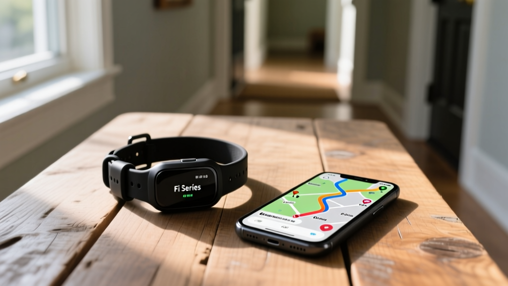 Fi Series 3 GPS smart dog collar on a wooden entryway table next to a smartphone displaying a detailed daily walking route map