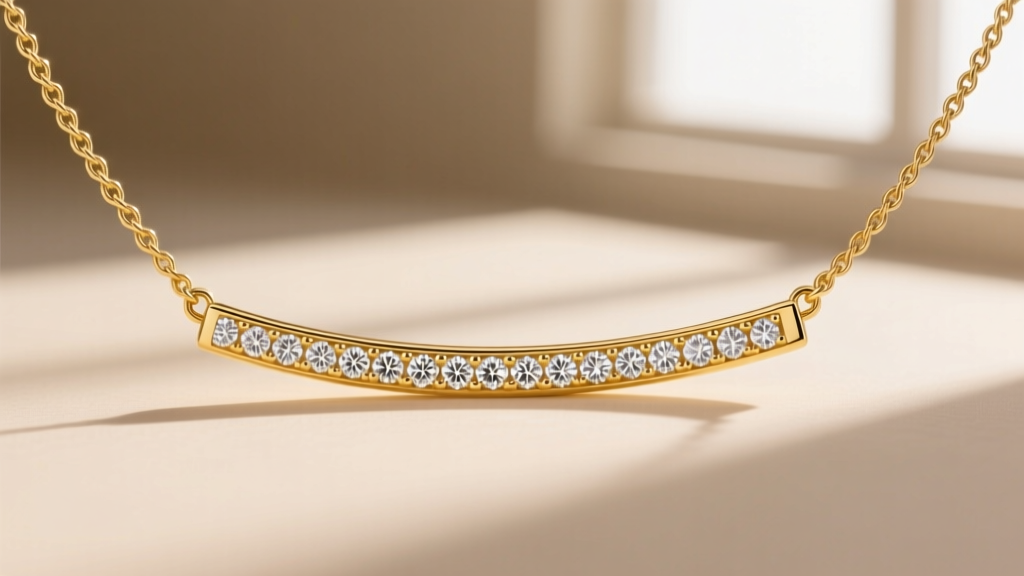 Macro shot of an 18k yellow gold slide necklace with a diamond-studded horizontal bar gliding smoothly along a delicate cable chain.