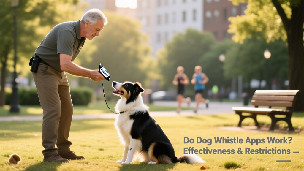 A trainer using a compact FurPetVo ultrasonic whistle while guiding a dog through a basic obedience exercise in a park