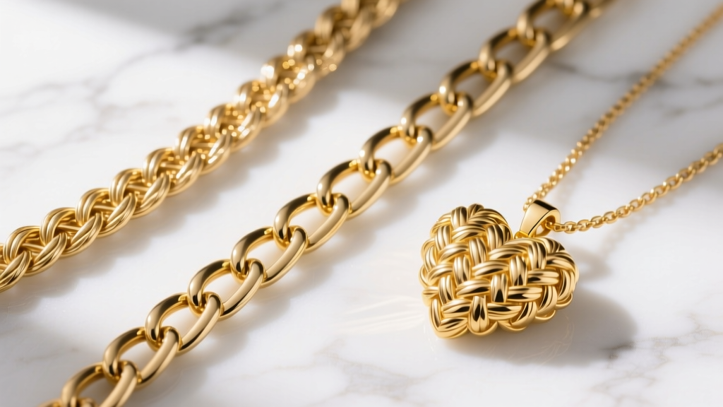 Three 24k gold chains on marble: a woven herringbone, a solid curb link, and a 3D hard gold electroformed puffed heart pendant