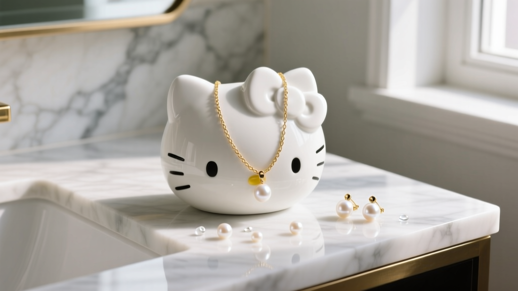 White glazed ceramic Hello Kitty jewelry holder on a marble vanity displaying a gold necklace and pearl earrings in soft light