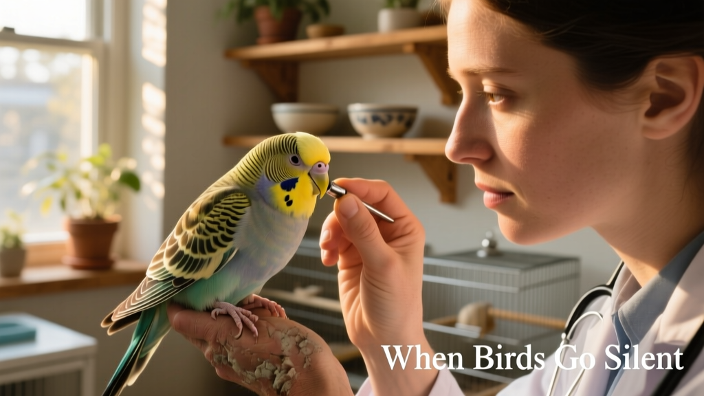 Gentle hand holding a calm, slightly sleepy-looking budgie while a vet examines its beak and eyes