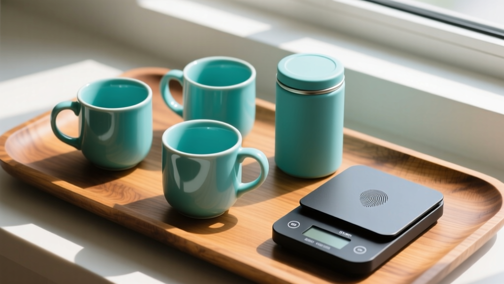 Overhead flat lay of turquoise ceramic mugs, a matte teal vacuum coffee bean canister, and a digital brewing scale on a wooden tray
