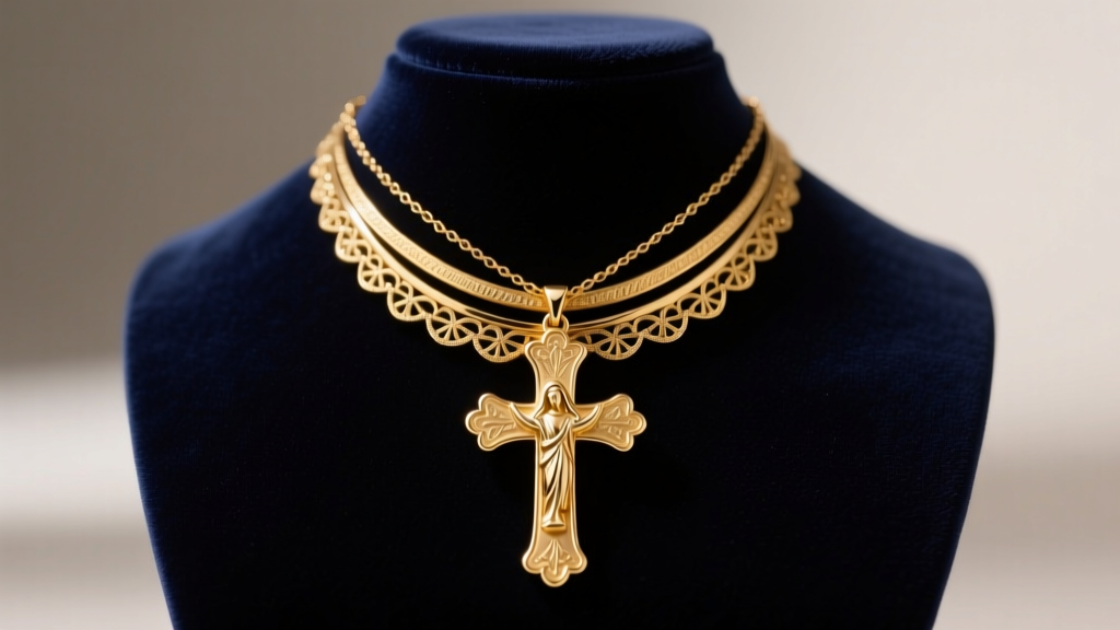 Close-up of a layered 14k gold cross and mary necklace on a dark velvet bust, softly lit to highlight the metal textures.