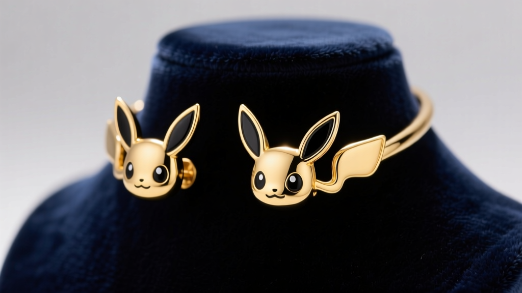 Custom 18k gold Eevee ear cuffs with black enamel, displayed on a dark velvet jewelry bust under soft directional studio lighting