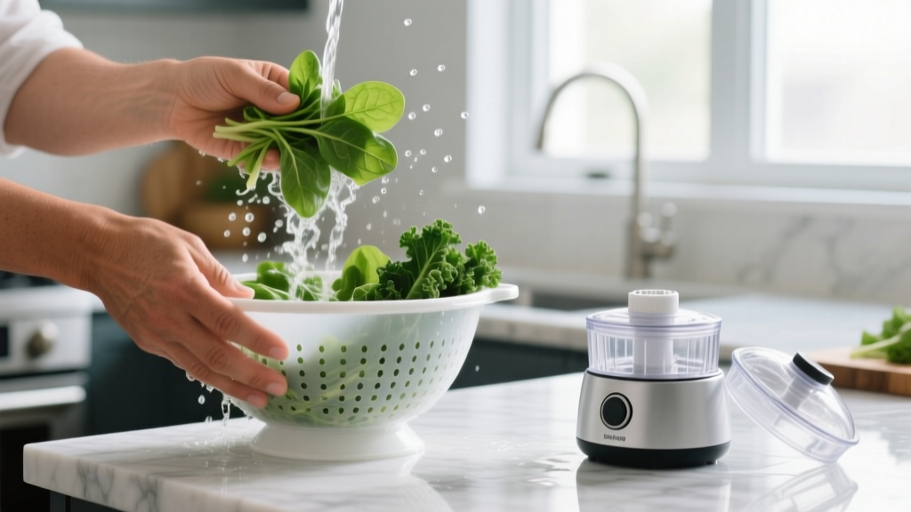 Home cook washing leafy greens in a colander under running water before transferring them to a mini electric food chopper