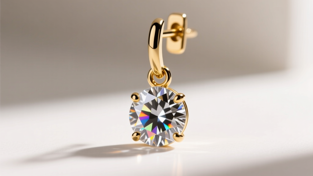 Macro shot of a martini-set round brilliant diamond drop earring, highlighting the three-prong basket and secure gold latch back.
