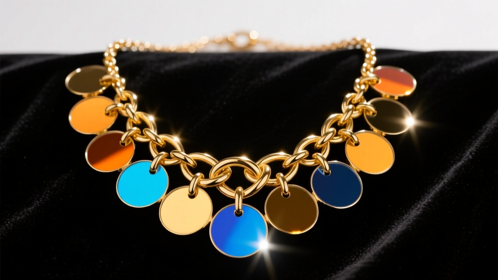 Tangled gold-filled disco necklace with mirrored discs on dark velvet under bright studio lighting, highlighting tight chain knots