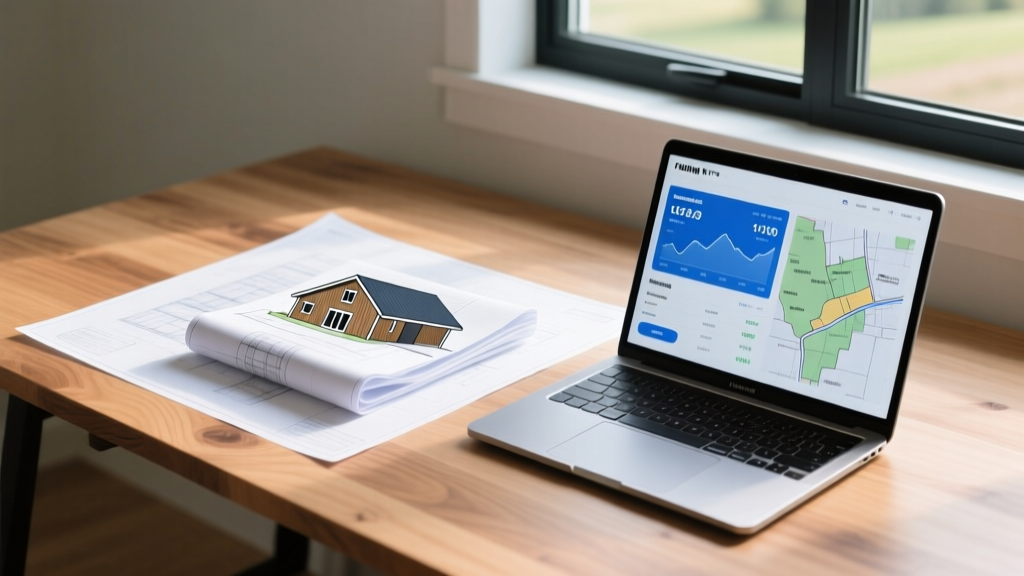 Blueprints for a modern pole barn house on a wooden desk next to a laptop showing construction loan rates and rural land surveys