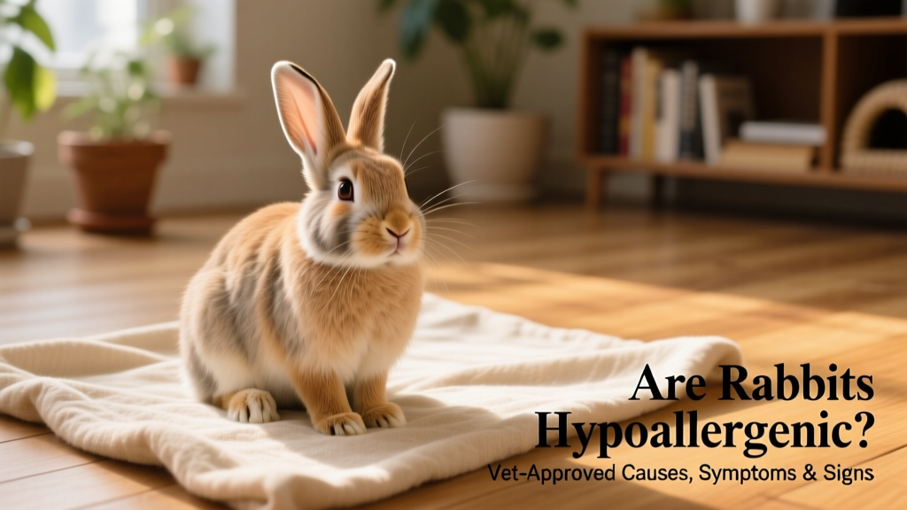 A calm, short-haired rabbit sitting on a clean, light-colored blanket