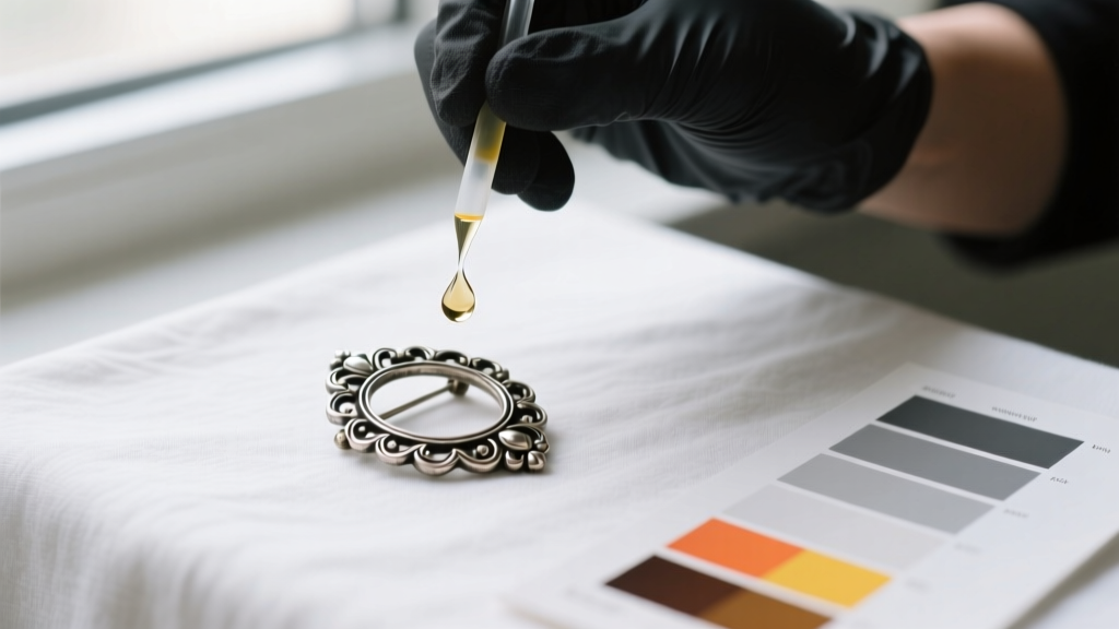 Jeweler applying a drop of nitric acid testing solution to an unmarked vintage silver brooch, with a color chart visible nearby