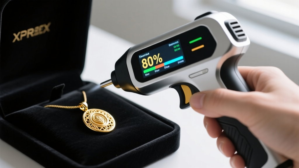 Handheld XRF precious metal analyzer gun scanning a gold pendant on black velvet, digital screen showing elemental metal breakdown