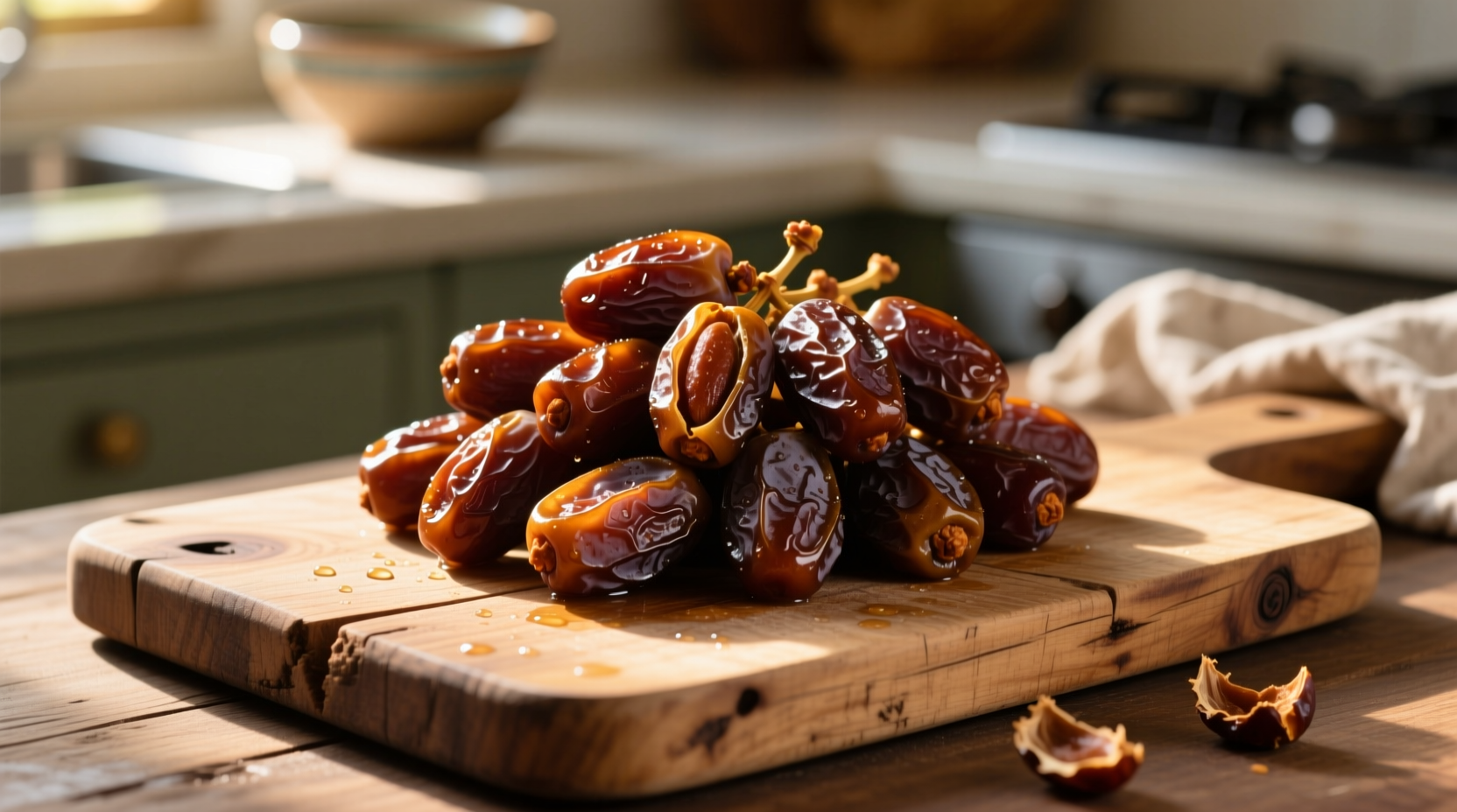 Fresh Medjool dates on wooden cutting board