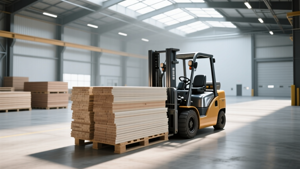 Forklift moving pallets of 5/8-inch Type X gypsum boards and engineered lumber in a commercial building materials distribution center