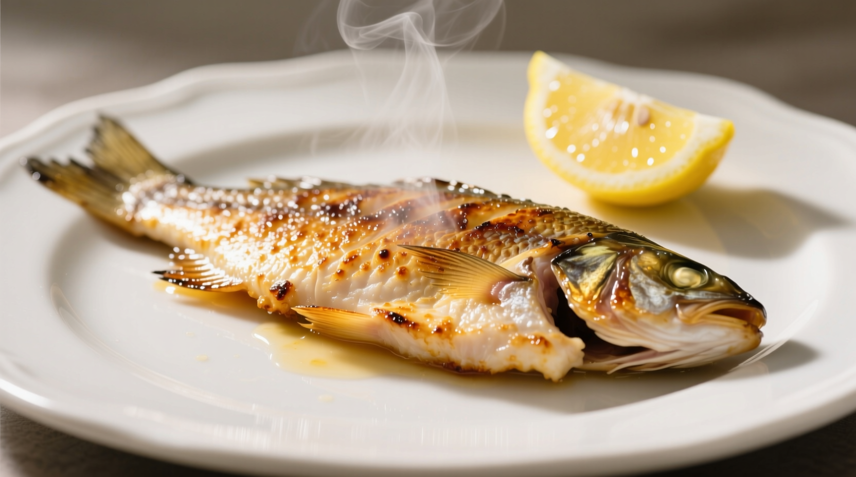 Perfectly seared tilapia fillet on white plate with lemon wedge