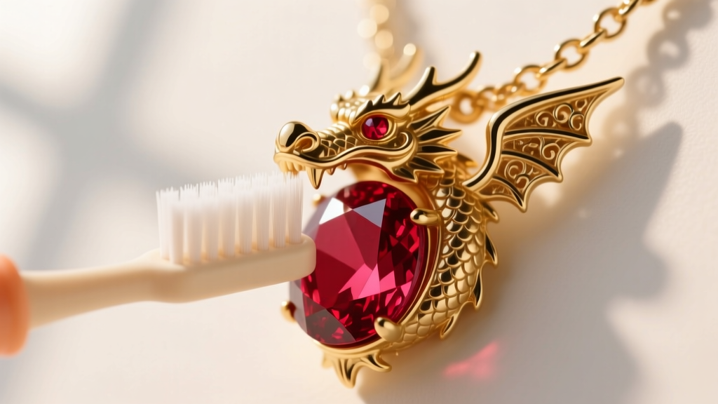 Macro shot of a soft-bristled baby toothbrush gently cleaning the ruby gemstone eye of a gold-plated dragon head chain necklace