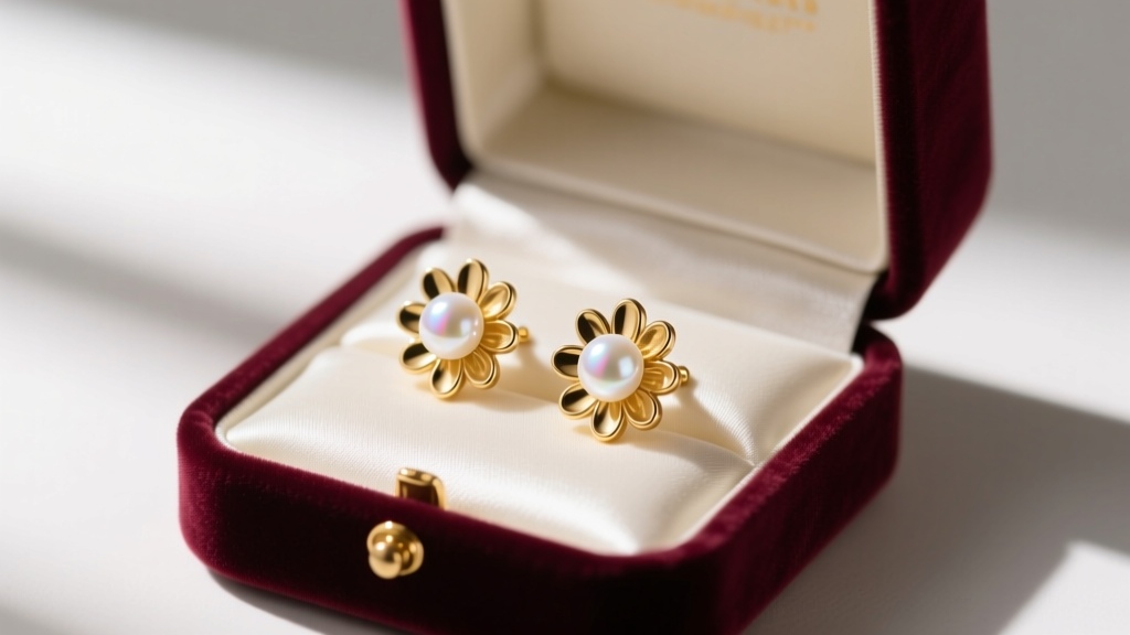 Velvet jewelry box revealing 14k gold daisy stud earrings with luminous white Akoya pearl centers resting on ivory silk fabric