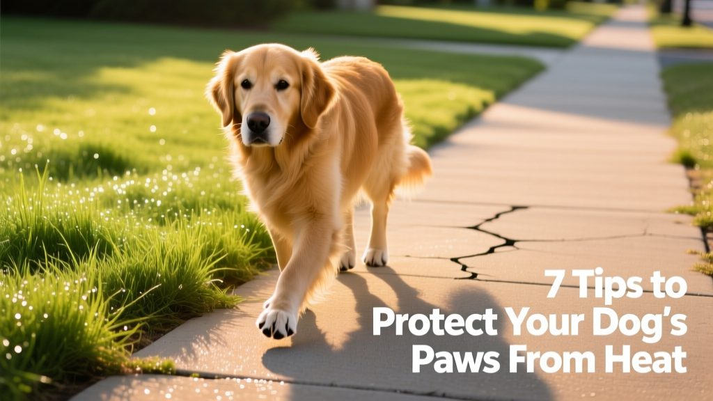 Dog walking on cool grass beside a sun-baked sidewalk
