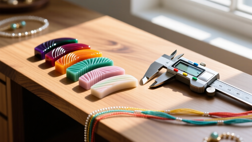 Sorted polymer clay cane slices, digital calipers, and beading thread on a wooden jewelry desk in bright natural light