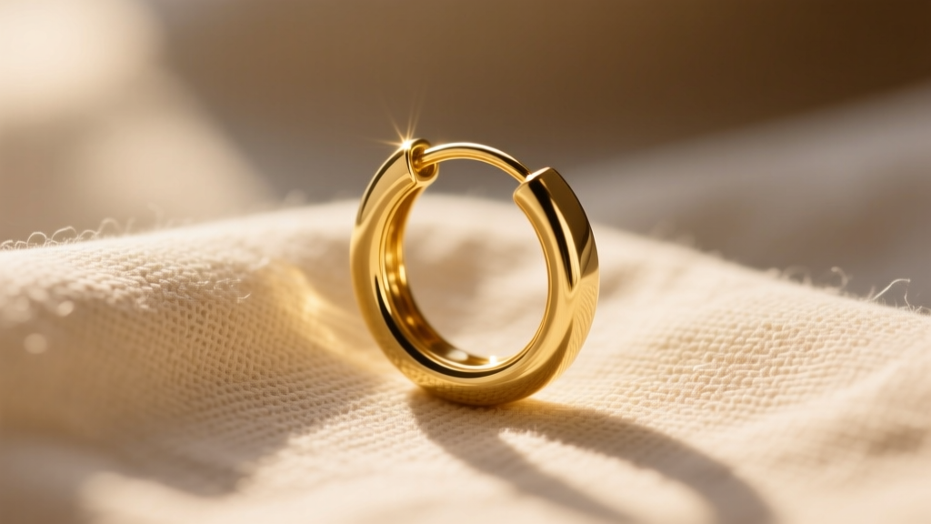 Close-up of a 14k yellow gold simple hoop earring resting on textured beige linen, bathed in warm morning sunlight to highlight the polished finish.