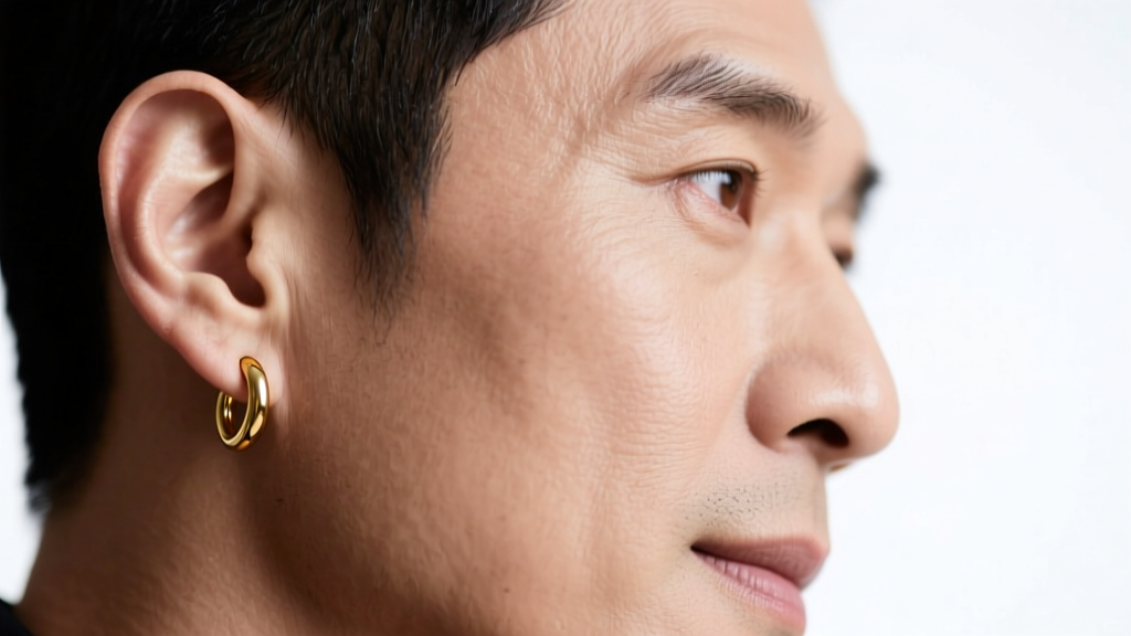 Close-up of a man wearing a single 14k gold huggie hoop in his left ear, soft studio lighting, sharp focus on the earlobe and jaw.