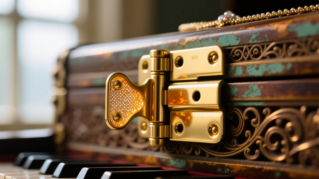 Detailed view of a polished brass piano hinge on a vintage jewelry case, treated with microcrystalline wax to prevent verdigris