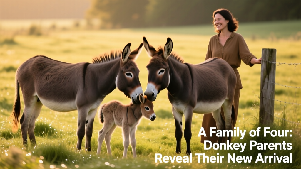 Two adult donkeys standing side-by-side, gently nuzzling a small, fluffy foal between them in a sunlit pasture