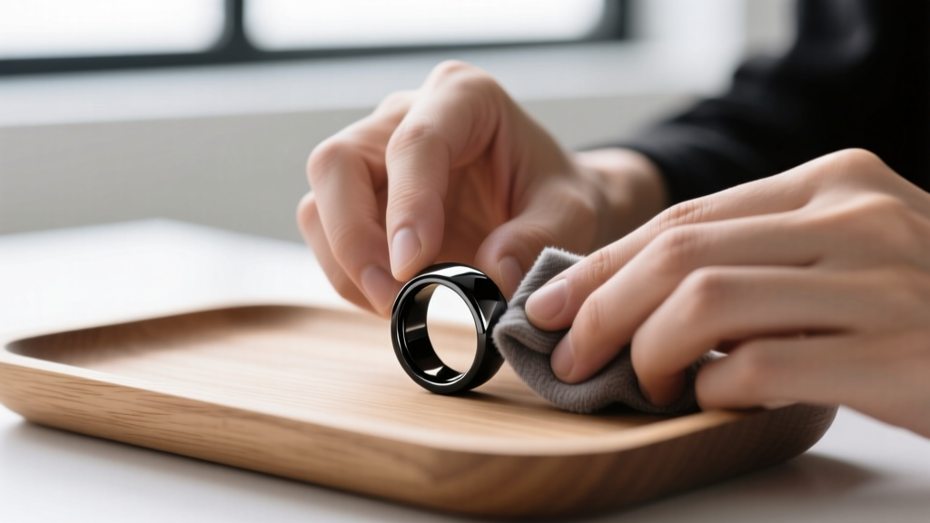 Hands polishing a PVD-coated black steel signet ring with a microfiber cloth on a wooden tray in a bright, clean studio setting.