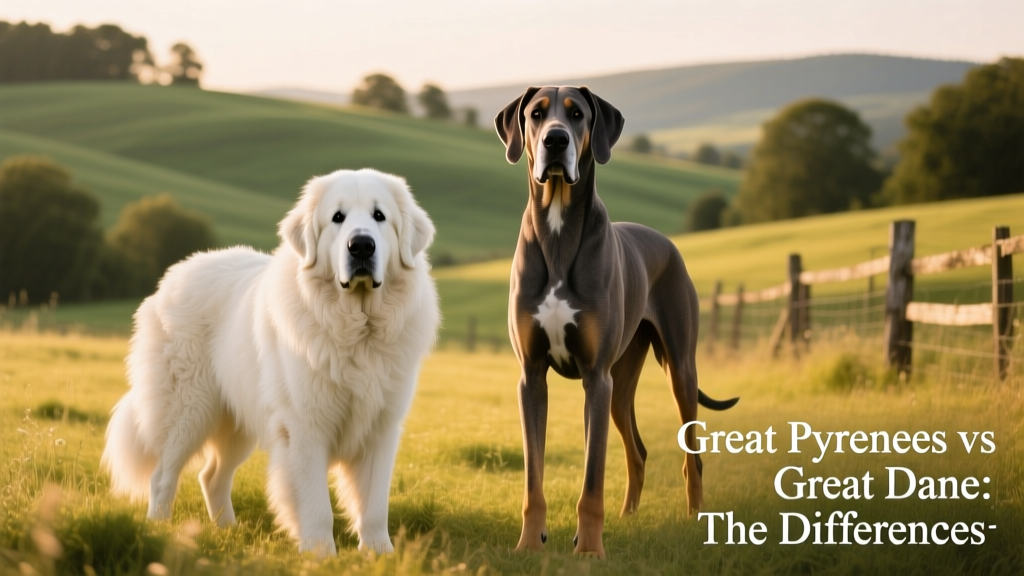 Side-by-side comparison of a Great Pyrenees and a Great Dane standing calmly outdoors