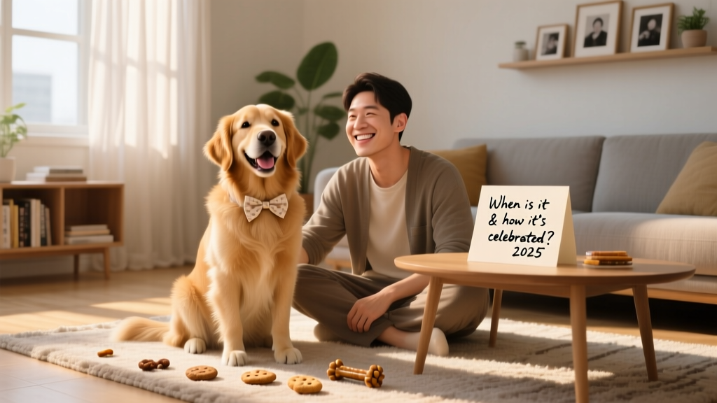 A joyful dog sitting beside their owner on a cozy living room floor, both smiling, with soft lighting and a few treats nearby