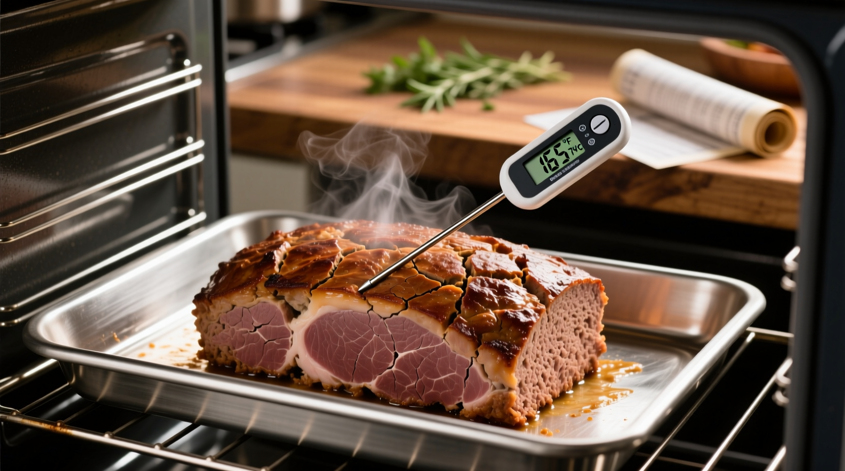 Meatloaf cooking process showing thermometer check