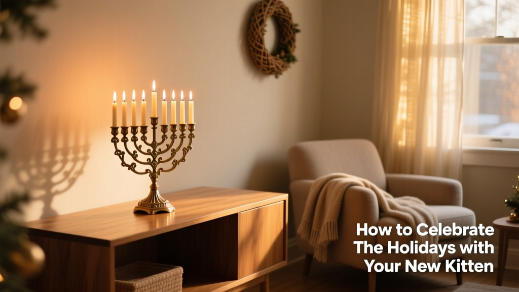 A serene, lit menorah placed safely on a closed shelf inside a kitten-free room