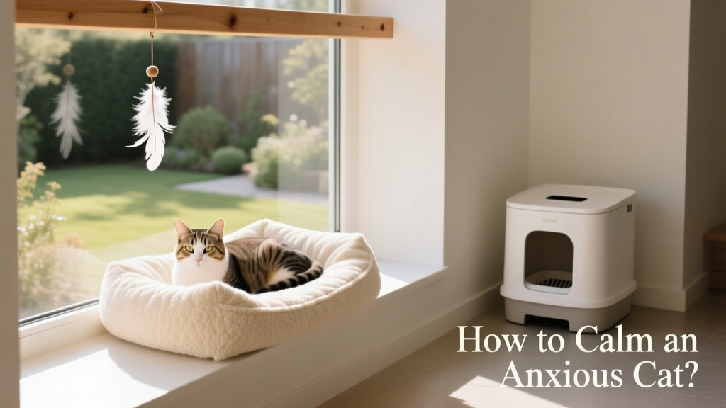 A serene indoor cat setup featuring a window perch, soft bedding, a hanging toy, and a nearby litter box—all arranged thoughtfully to promote safety and calm