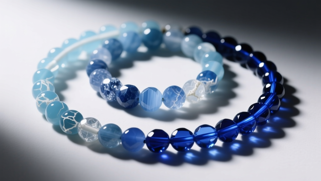 Close-up of three kyanite bead strands showing varying grades from pale blue with white inclusions to deep uniform sapphire blue gems.