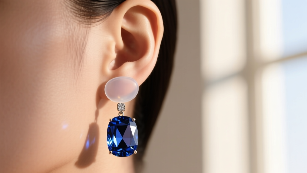 Side profile of an ear wearing a heavy gemstone drop earring supported by a clear silicone lobe patch to prevent lobe sagging