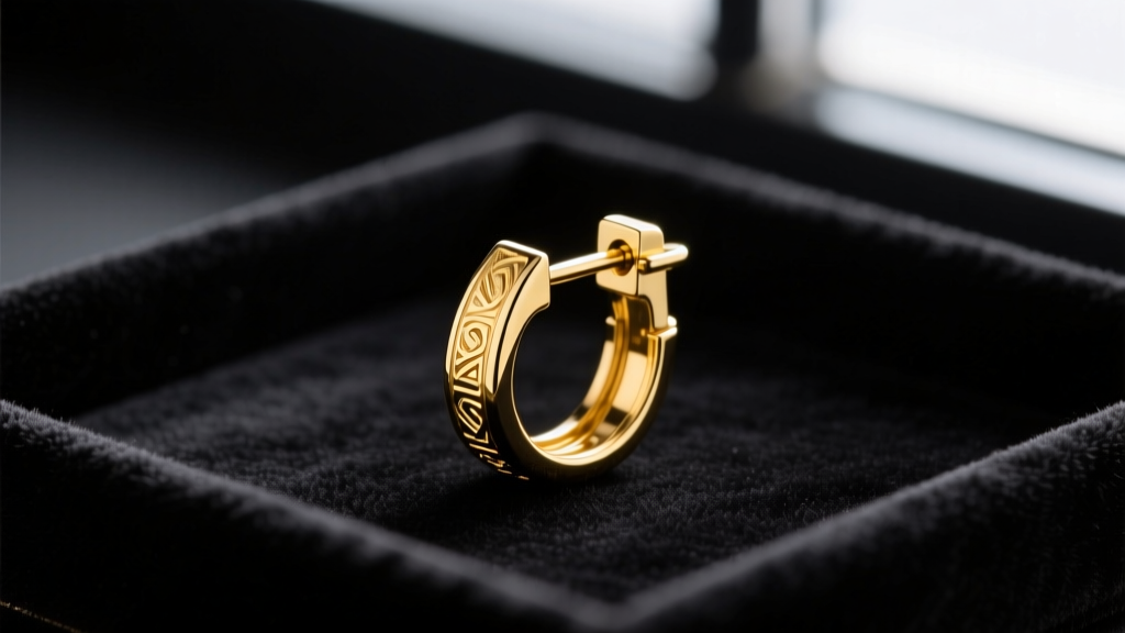 Macro photography of an 18k yellow gold earring post with a secure locking La Pousette back mechanism, illuminated on a dark velvet tray