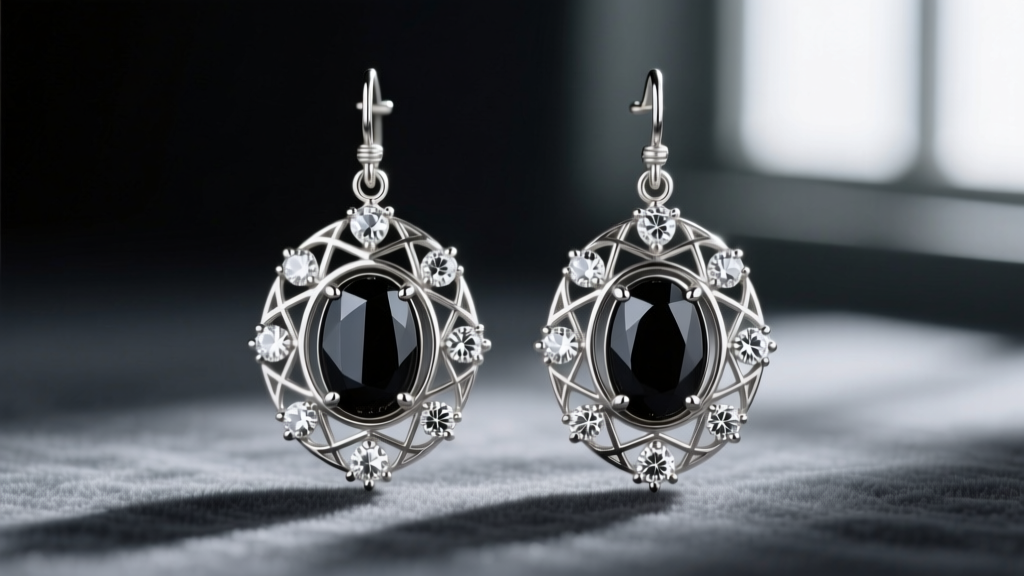 Macro shot of 1920s platinum Art Deco dangle earrings with calibré onyx and single-cut diamonds on dark grey velvet background