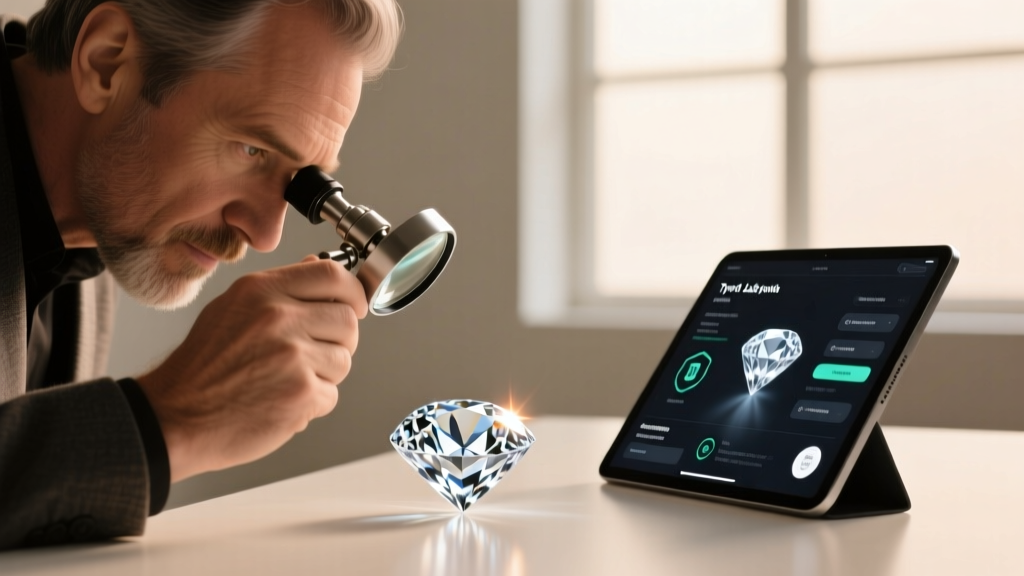 Jeweler examining a Type IIa lab-grown diamond with a loupe, alongside a digital tablet displaying blockchain provenance data.