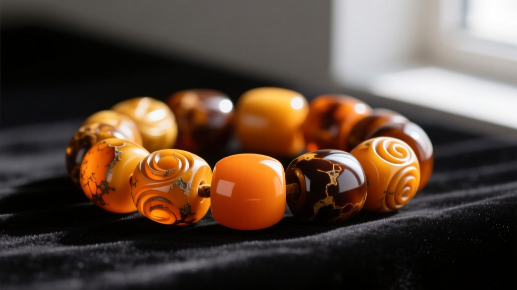 Close-up of vintage amber Bakelite beads on dark velvet, showing orange tones, carved surfaces, and a rich oxidized patina.