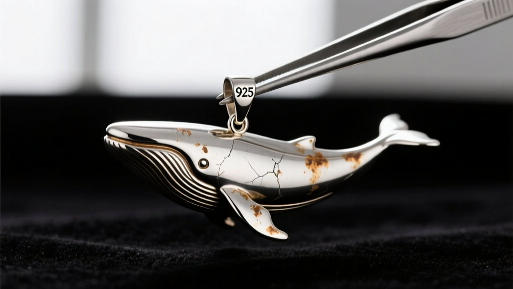 Macro shot of a tarnished 925 silver whale pendant with hallmark, held by tweezers under a bright jeweler's loupe light.