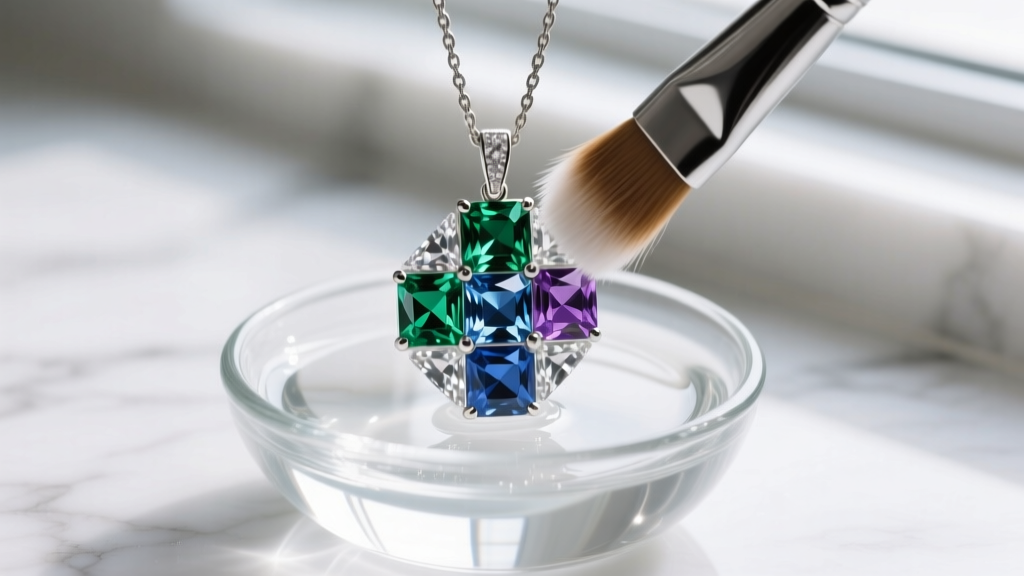 Soft-bristled brush gently cleaning cubic zirconia stones on an iced-out pendant submerged in a small bowl of mild soapy water.