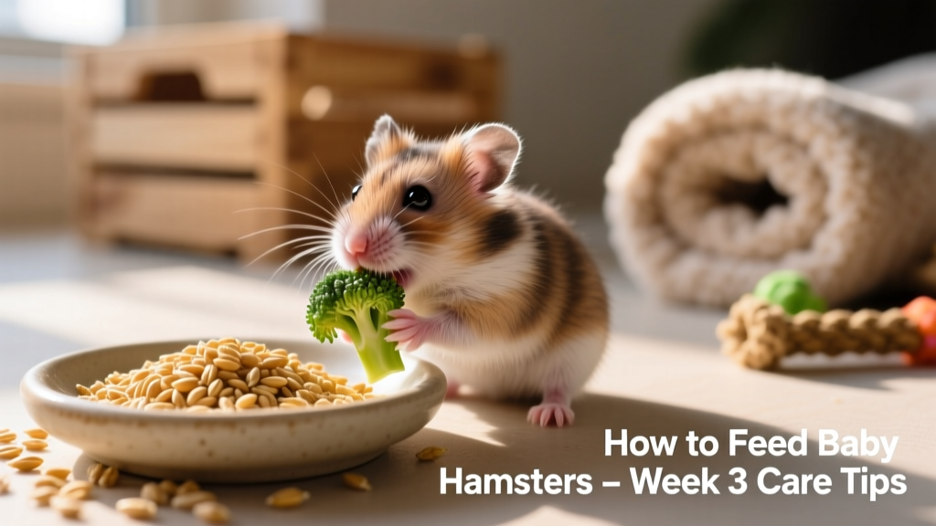 A close-up of a 3-week-old Syrian hamster pup nibbling broccoli next to a shallow dish of wheat germ
